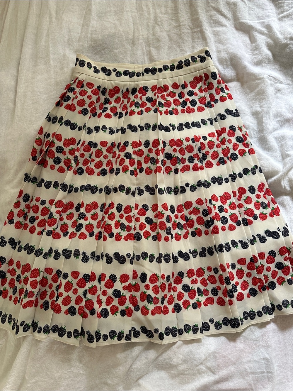 J. Crew White Pleated Skirt with Red & Black Strawberry Print